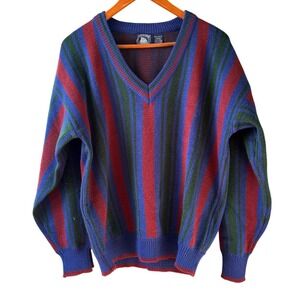 Vintage Atlantic Traders Stripe Acrylic Dad Sweater V-Neck Men's Size Large